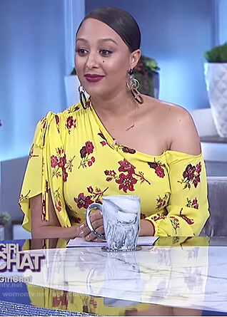 Tamera's yellow floral print one off shoulder dress on The Real