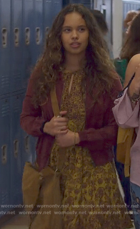 Jessica's yellow printed keyhole dress on 13 Reasons Why