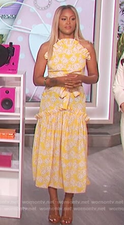 Eve's yellow floral print ruffle front dress on The Talk