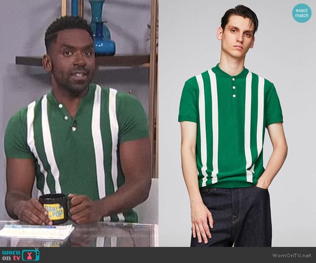 Striped Polo Shirt with Bomber-Style Collar by Zara worn by Justin Sylvester on E! News