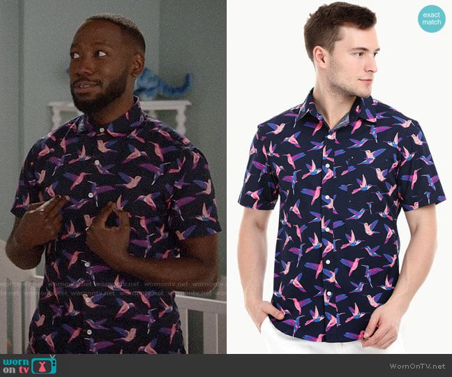 Zobello Short Sleeve Carmine Bird Print Shirt worn by Winston Bishop (Lamorne Morris) on New Girl