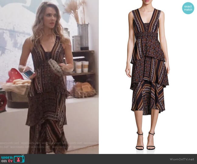 Hayley Scarf-Print Tiered Dress by ALC worn by Phoebe Wells (Beau Garrett) on Girlfriends Guide to Divorce