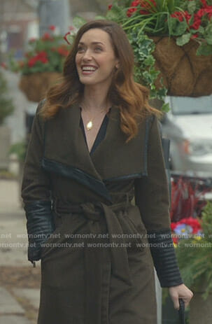 Abigail’s khaki leather trimmed wrap coat on Good Witch