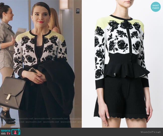 floral print peplum cardigan by Alexander McQueen worn by Jane Sloan (Katie Stevens) on The Bold Type