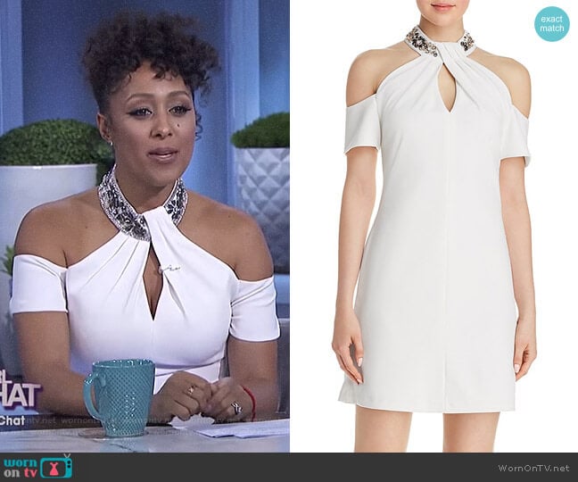 Embellished Cold-Shoulder Dress by Aqua worn by Tamera Mowry on The Real