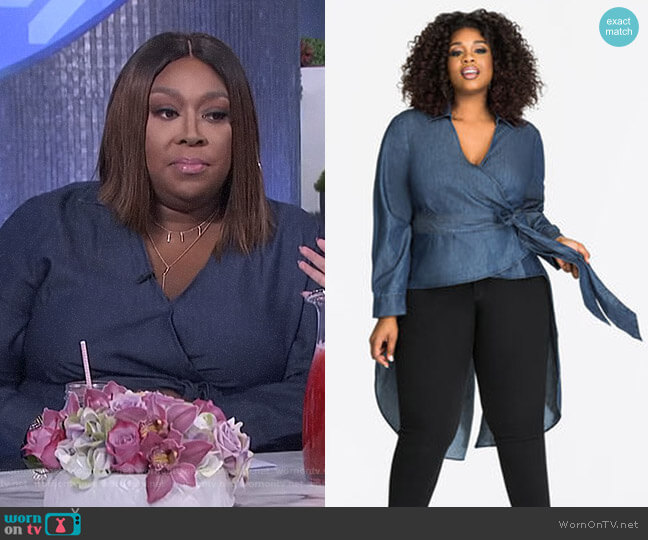 Denim Wrap High Low Blouse by Ashley Stewart worn by Loni Love  on The Real