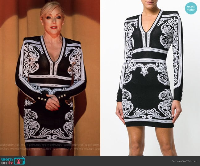 Long-Sleeve Deep-V Fitted Baroque Short Dress by Balmain worn by Jacqueline Voorhees (Jane Krakowski) on Unbreakable Kimmy Schmidt