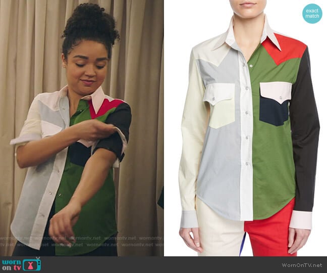 Colorblock Button-Down Long-Sleeve Cotton Western Shirt by Calvin Klein worn by Kat Edison (Aisha Dee) on The Bold Type