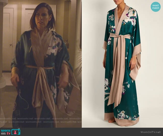 Floral-Print Silk-Satin Kimono Robe by Carine Gilson worn by Diana Trout (Miriam Shor) on Younger