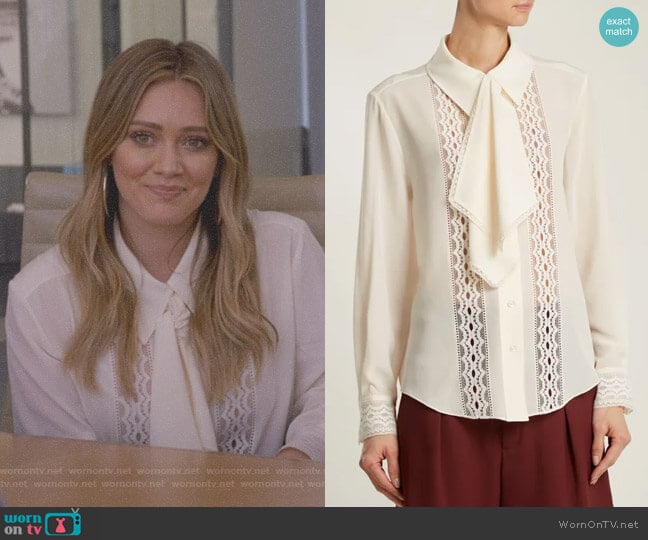 Lace-Insert Tie-Neck Blouse by Chloe worn by Kelsey Peters (Hilary Duff) on Younger