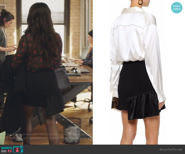 Ruffled satin-paneled crepe mini skirt by Cinq a Sept worn by Jane Sloan (Katie Stevens) on The Bold Type