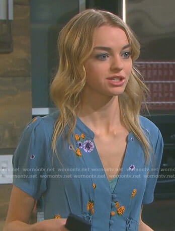 Claire's blue floral and strawberry print dress on Days of our Lives