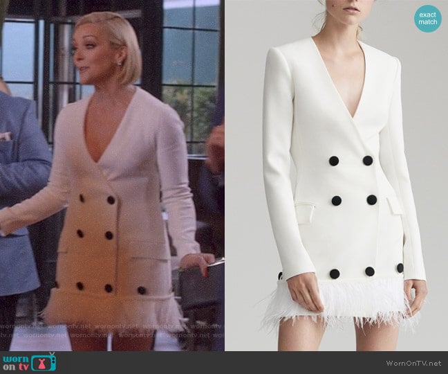 Tailored Feather Dress by David Koma worn by Jacqueline Voorhees (Jane Krakowski) on Unbreakable Kimmy Schmidt