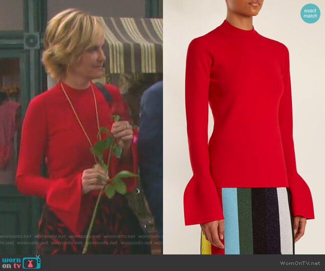 Bell-Cuff Stretch-Knit Sweater by Diane von Furstenberg worn by Eve Donovan (Kassie DePaiva) on Days of our Lives