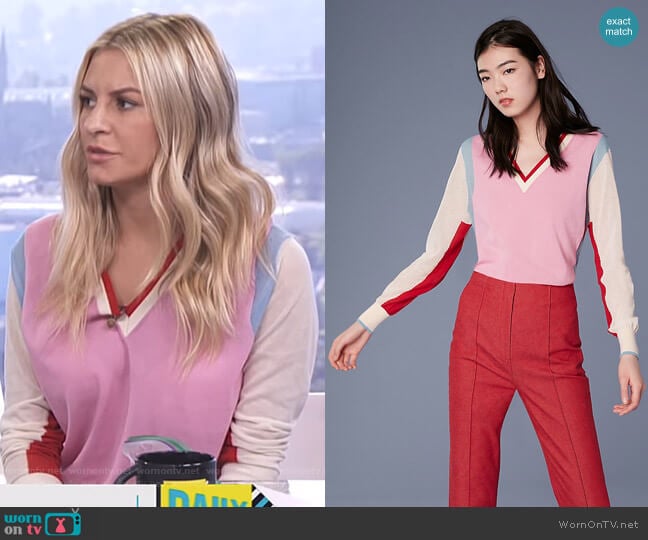 Long-Sleeve V-Neck Color Block Cotton Pull Over by Diane von Furstenberg worn by Morgan Stewart on E! News