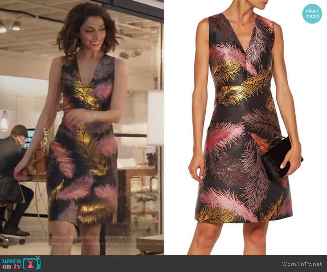 Metallic jacquard mini dress by Emilio Pucci worn by Delia (Necar Zadegan) on Girlfriends Guide to Divorce