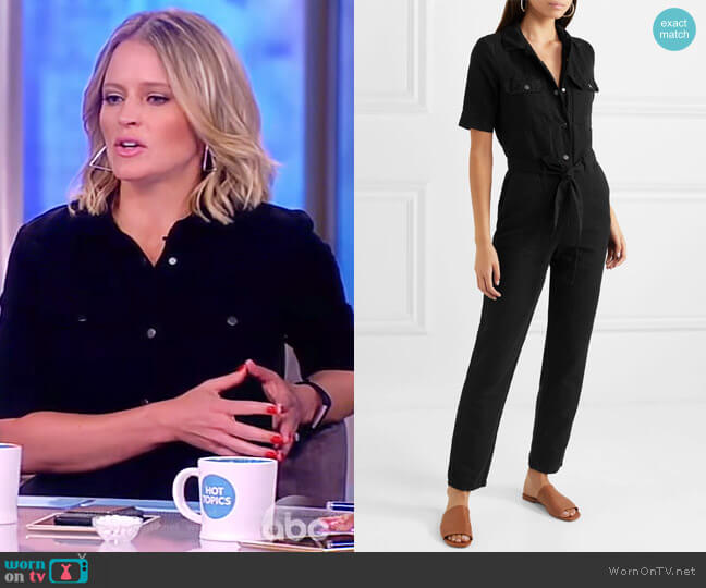 Short-Sleeve Button-Down Belted Straight-Leg Cotton-Linen Jumpsuit by Frame worn by Sara Haines on The View