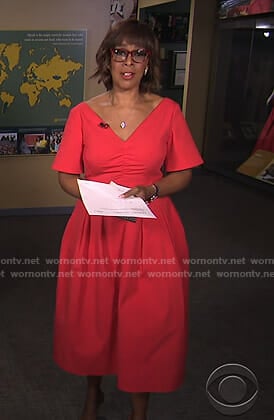 Gayle's red v-neck flared dress on CBS This Morning