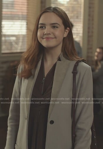 Grace’s brown zip-front dress and grey coat on Good Witch