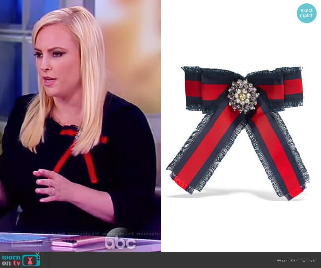 Grosgrain, crystal and faux pearl brooch by Gucci worn by Meghan McCain on The View