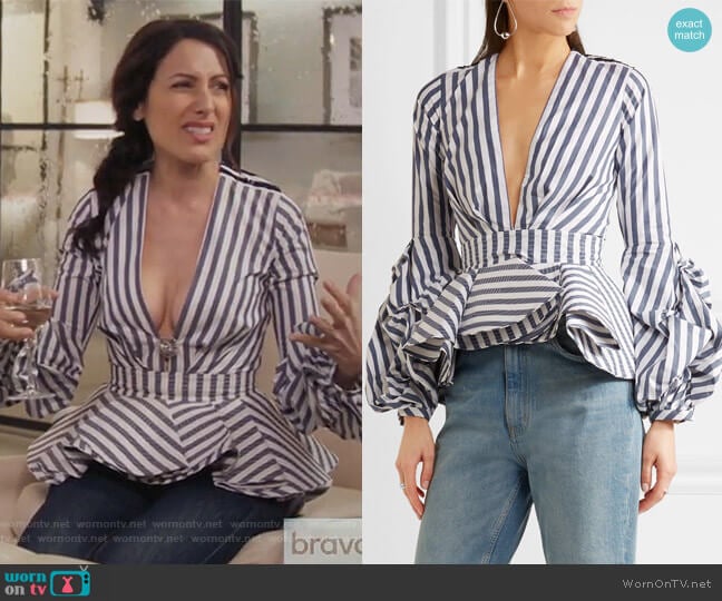 St. Barts ruffled stretch-cotton poplin top by Johanna Ortiz worn by Abby McCarthy (Lisa Edelstein) on Girlfriends Guide to Divorce