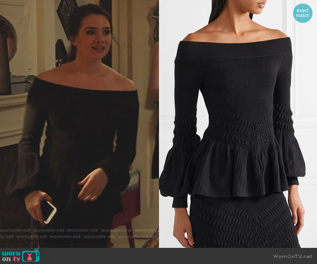 Off-the-shoulder smocked stretch cotton-blend top by Jonathan Simkhai worn by Jane Sloan (Katie Stevens) on The Bold Type