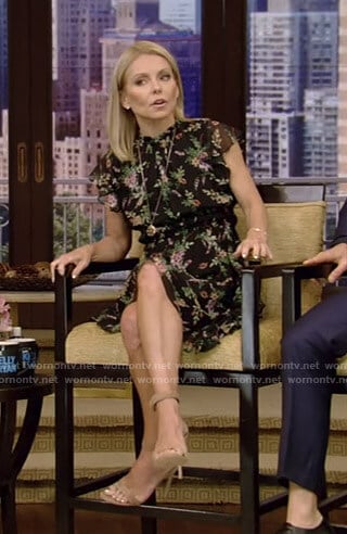 Kelly’s black floral ruffled dress on Live with Kelly and Ryan