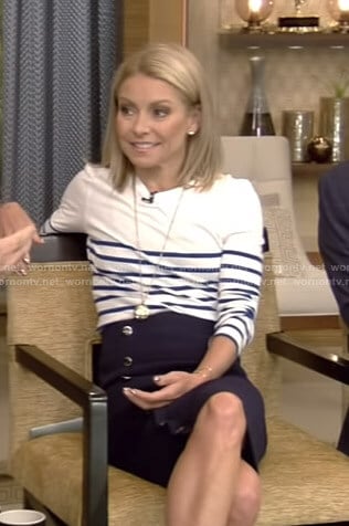 Kelly’s white striped top and buttoned pencil skirt on Live with Kelly and Ryan