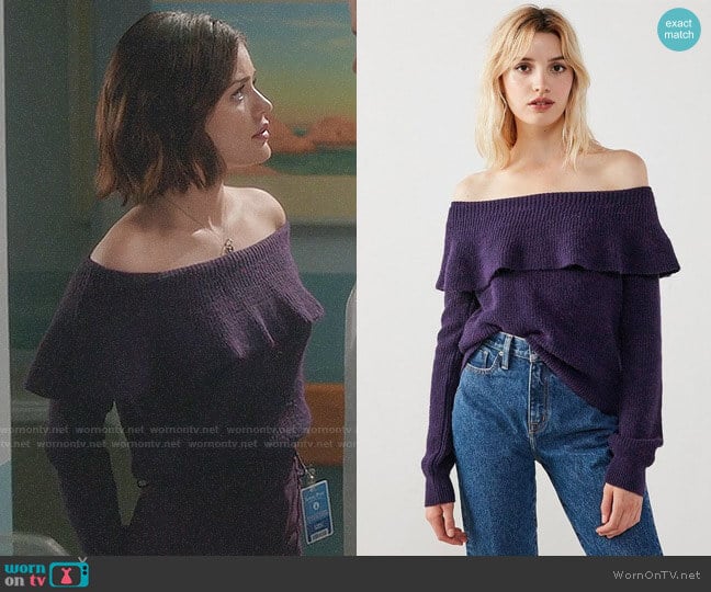 Kimchi Blue Chrissy Off-The-Shoulder Ruffle Sweater worn by Stella Abbott (Lucy Hale) on Life Sentence