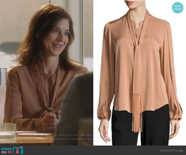 Tara Fringed Tie-Neck Stretch-Silk Blouse by Kobi Halperin worn by Nina Devon (Perrey Reeves) on Famous in Love