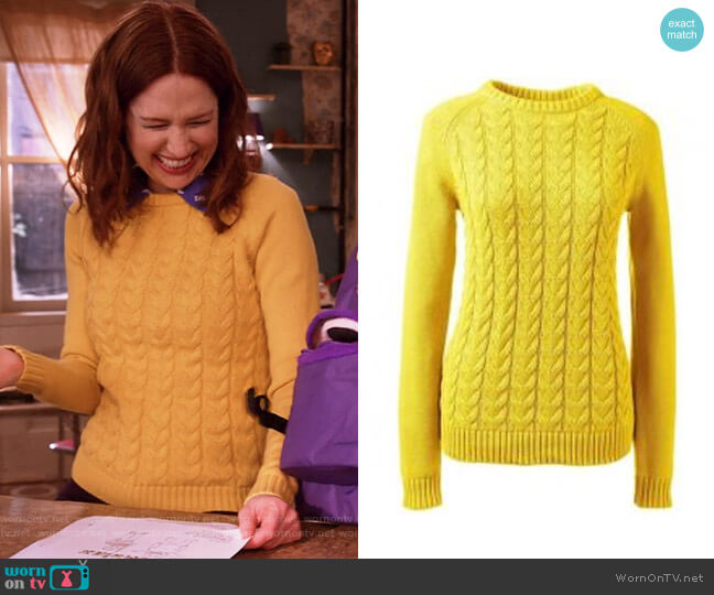 'Drifter' Cable Knit Sweater in Sunny Yellow by Lands End worn by Kimmy Schmidt (Ellie Kemper) on Unbreakable Kimmy Schmidt