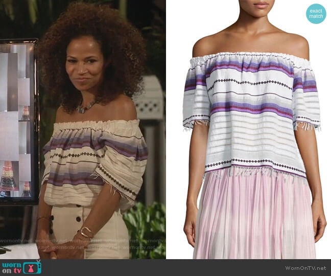 Adia Striped Off-The-Shoulder Top by LemLem worn by Lena Adams Foster (Sherri Saum) on The Fosters