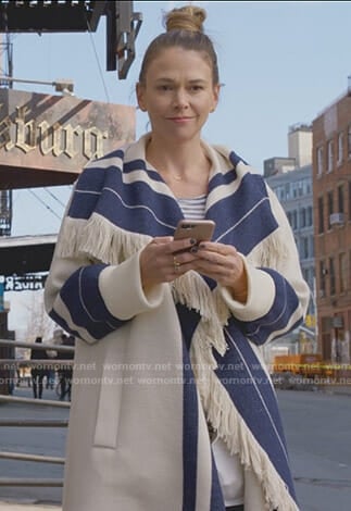 Liza’s white and blue striped fringe coat on Younger