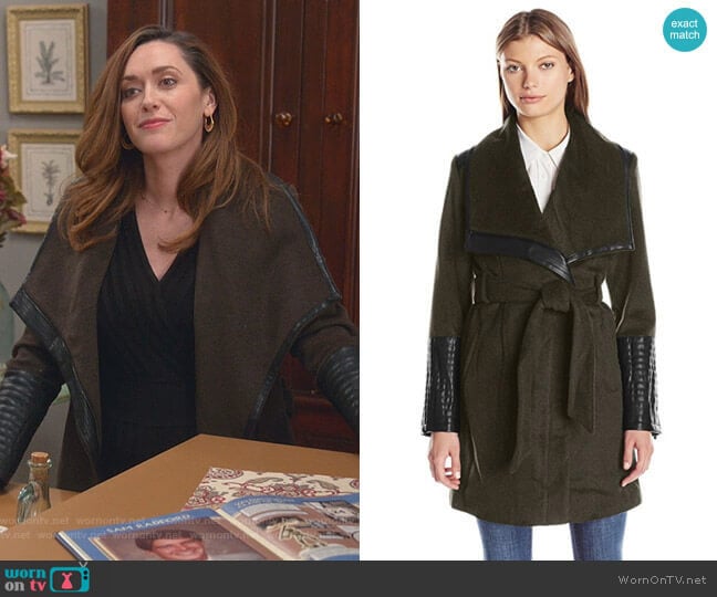 Lorian Wrap Coat by Belle Badgley Mischka worn by Abigail Pershing (Sarah Power) on Good Witch