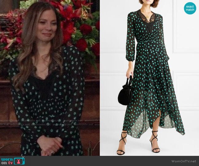 Maje Asymmetric Lace-Trimmed Printed Chiffon Dress  worn by Kim Nero (Tamara Braun) on General Hospital