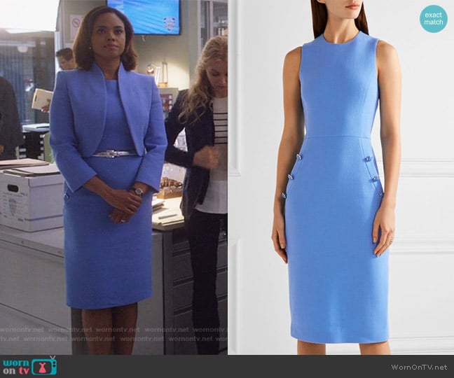 Button-detailed wool-blend crepe midi dress by Michael Kors worn by Jasmine Gooden (Sharon Leal) on Instinct