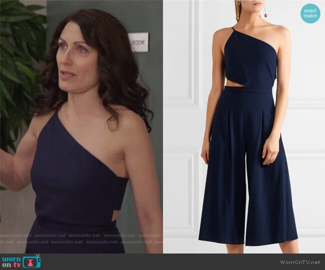 One-shoulder cutout stretch-crepe jumpsuit by Michelle Mason worn by Abby McCarthy (Lisa Edelstein) on Girlfriends Guide to Divorce