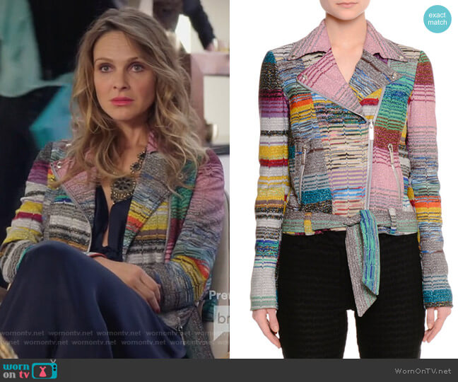 Patchwork Knit Moto Jacket by Missoni worn by Phoebe Wells (Beau Garrett) on Girlfriends Guide to Divorce