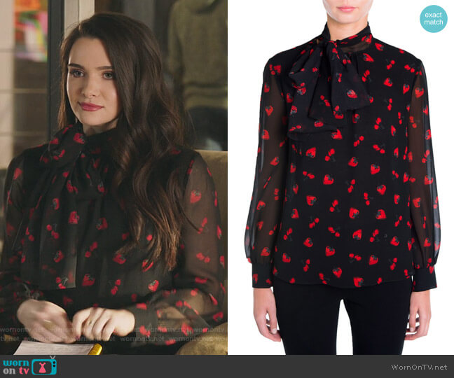 Strawberry & Cherry Print Tie-Neck Blouse by Miu Miu worn by Jane Sloan (Katie Stevens) on The Bold Type