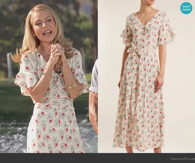 Floral-Print Silk Crepe de Chine Dress by Miu Miu worn by Kelly Ripa on Live with Kelly and Mark