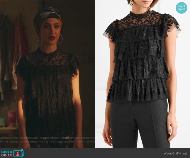 Tiered embroidered tulle top by Needle & Thread worn by Adena El-Amin (Nikohl Boosheri) on The Bold Type