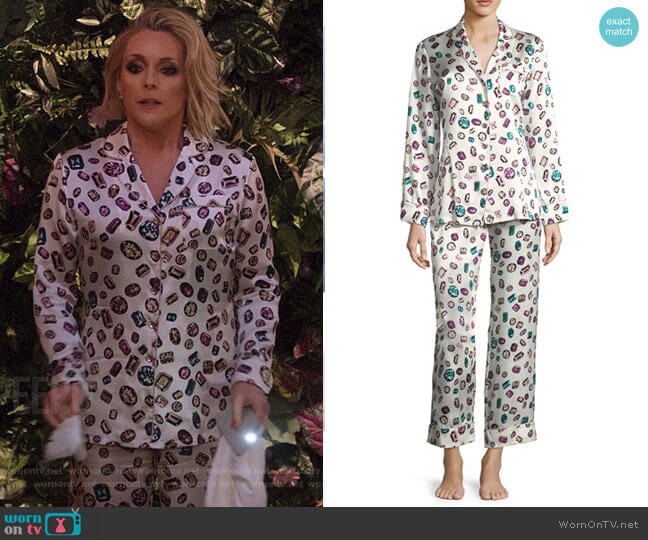 Lila Yolanda Long Silk Pajama Set by Olivia von Halle worn by Jacqueline Voorhees (Jane Krakowski) on Unbreakable Kimmy Schmidt