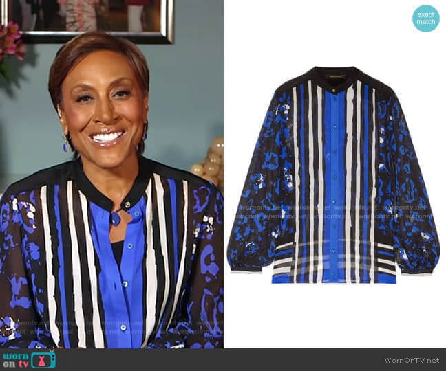 Printed Silk Crepe de Chine Blouse by Roberto Cavalli  worn by Robin Roberts on Good Morning America