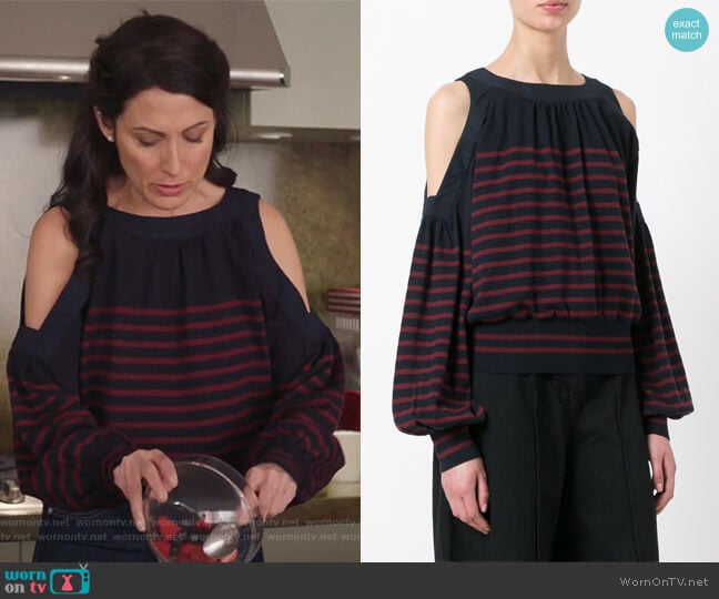 Cold Shoulder Knitted Top by Sacai worn by Abby McCarthy (Lisa Edelstein) on Girlfriends Guide to Divorce