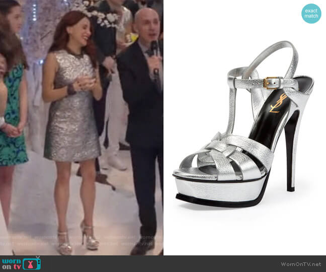 Tribute Metallic Leather Platform Sandal by Saint Laurent worn by Jo (Alanna Ubach) on Girlfriends Guide to Divorce