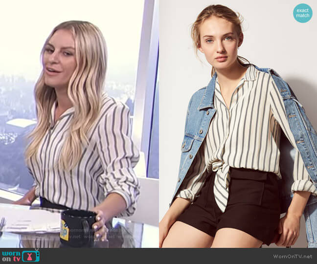 Playsuit with Striped Tie-Front Shirt by Sandro worn by Morgan Stewart on E! News