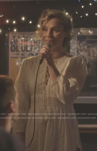 Scarlett's white eyelet lace-up dress on Nashville