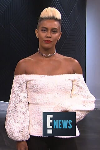 Sibley’s white embroidered off the shoulder top on E! News