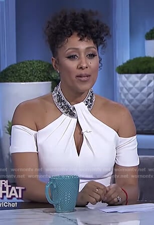 Tamera’s white cold-shoulder keyhole dress on The Real