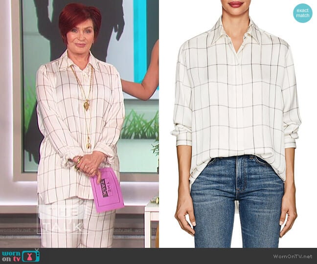 Sisea Windowpane-Checked Silk Satin Blouse by The Row worn by Sharon Osbourne on The Talk